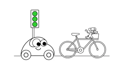 Ilustración para colorear de un coche de dibujos animados con ojos y boca, aparcado junto a un semáforo con la luz verde, y una bicicleta con un perro feliz sentado en la cesta frontal.