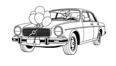 Dibujo lineal en blanco y negro de un coche clásico con globos atados al frente y un perro con sombrero de fiesta sentado en el asiento del conductor, listo para colorear.