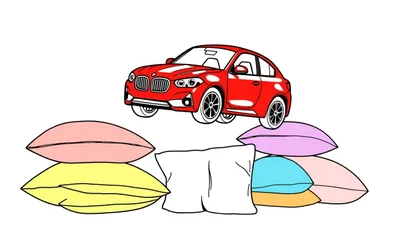 Imagen para colorear de un coche de dibujos animados rojo descansando sobre una pila de almohadas de colores: rosas, amarillas, blancas, moradas y azules. Fondo blanco.