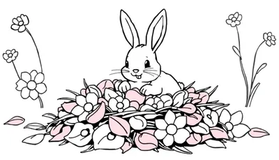 Página para colorear de un conejo blanco sonriendo con las orejas levantadas, sentado en un montón de flores de varios tamaños y colores, algunas con pétalos rosas. Flores pequeñas en el fondo y hojas/pétalos caídos en el primer plano.