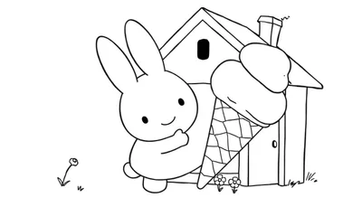 Página para colorear de un conejo sonriente con un helado gigante, una casa y flores.