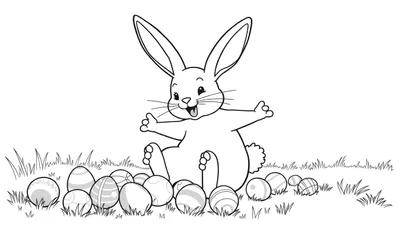 Dibujo a blanco y negro de un conejo de Pascua amigable con las orejas levantadas y los brazos abiertos, sentado sobre hierba y rodeado de huevos de Pascua con varios diseños.