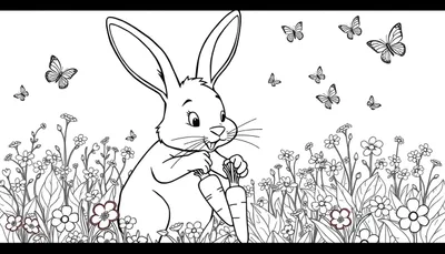 Página para colorear de un conejo de Pascua con zanahorias, flores y mariposas.