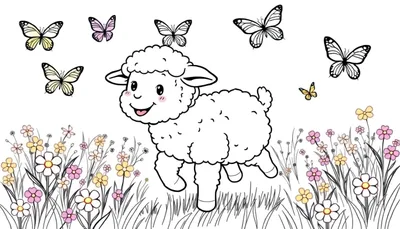 Página para colorear de un corderito blanco saltando en un campo de flores rosadas y amarillas con mariposas amarillas, moradas y negras revoloteando a su alrededor.