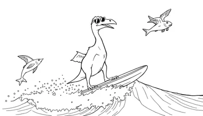 Ilustración para colorear de un dinosaurio amistoso con gafas de sol surfeando una ola, con peces saliendo del agua.