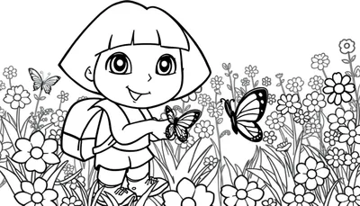 Ilustración para colorear de Dora la Exploradora con una mochila, sonriendo y sosteniendo una mariposa en un campo florido.