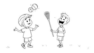 Dibujo en blanco y negro estilo página para colorear de dos niños jugando al aire libre. Un niño con casco mira dos pelotas en el aire, y otro niño con pelo puntiagudo ríe y sostiene un palo de lacrosse.
