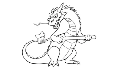 Dibujo a blanco y negro de un dragón de caricatura con cara gruñona sosteniendo un palo y con un cupcake en la cola, listo para ser coloreado.