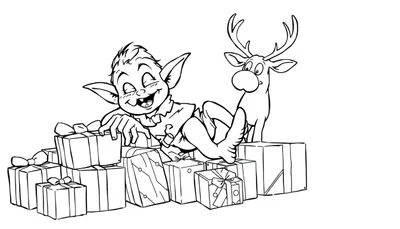 Ilustración en blanco y negro de un duende feliz tumbado sobre regalos de Navidad y un reno sorprendido.