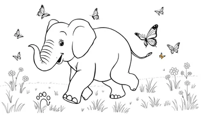 Ilustración en blanco y negro de un elefante bebé sonriendo y bailando rodeado de mariposas y flores, lista para ser coloreada.