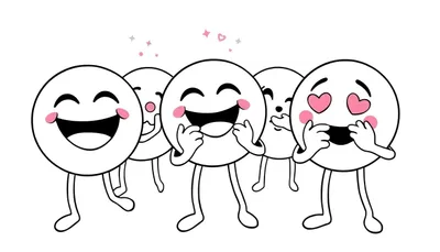 Imagen de página para colorear con varios emojis sonrientes, algunos con mejillas rosadas, ojos cerrados o en forma de corazón, y pequeños corazones y estrellas flotando a su alrededor. Los emojis tienen piernas y pies.