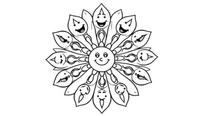 Página para colorear de flor con caritas sonrientes en sus pétalos y hojas, dibujo a tinta.