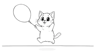 Ilustración a blanco y negro de un gatito tierno sosteniendo un globo, lista para colorear.