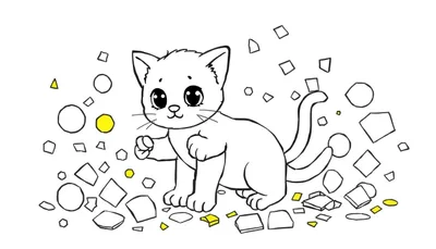 Dibujo a lápiz de un gatito sentado rodeado de círculos, cuadrados y triángulos. Algunas formas son amarillas, otras en blanco y negro.