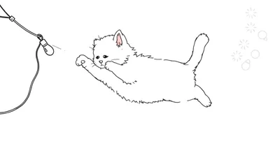 Ilustración lineal en blanco y negro de un gato blanco saltando hacia una bombilla, con orejas rosadas y luces circulares de fondo.