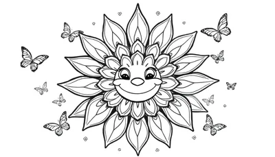 Dibujo a tinta de un girasol sonriente con ojos redondos, nariz pequeña y gran sonrisa, con mariposas de diferentes tamaños revoloteando a su alrededor en una página para colorear.