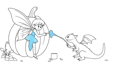 Ilustración lineal de un hada y un dragón pintando una calabaza, ideal para colorear.