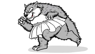 Dibujo de un hombre lobo malvado con pelo gris y un tutú blanco posando para colorear.