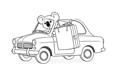 Koala conduciendo un coche clásico con una maleta a su lado, página para colorear.