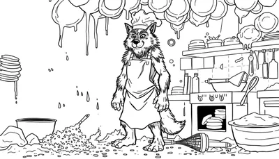 Página para colorear de un lobo chef con delantal y gorro, en una cocina desordenada con panqueques cayéndose y masa derramada.
