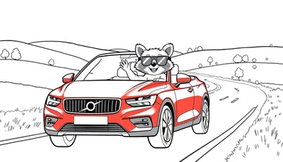 Mapache con gafas de sol saludando mientras conduce un coche rojo descapotable, rodeado de colinas en una página para colorear.