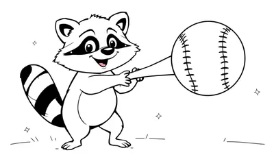 Dibujo de un mapache alegre listo para lanzar una pelota de béisbol, para colorear.