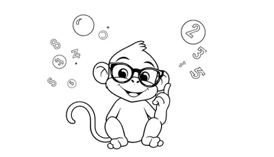 Página para colorear de un mono de dibujos animados con gafas sentado y pensando, rodeado de números y burbujas.