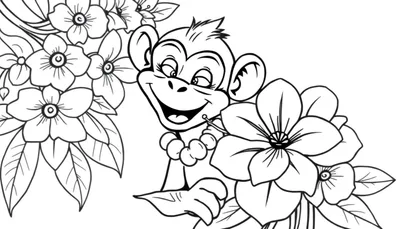 Página para colorear de un mono sonriente con collar de perlas y flores.
