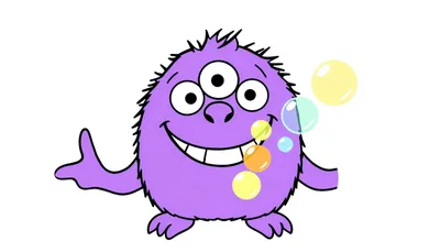 Ilustración en blanco y negro de un monstruo púrpura para colorear, con tres ojos, una gran sonrisa, espinas en la cabeza y burbujas flotando cerca.