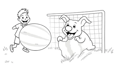 Dibujo para colorear de un niño feliz corriendo con una pelota de sandía, mientras un perro animado lo persigue hacia una portería de fútbol.