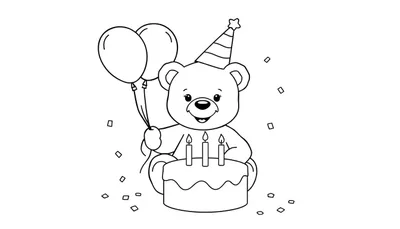 Oso de peluche con gorro de fiesta sosteniendo globos, frente a un pastel de cumpleaños con tres velas encendidas y confeti esparcido.