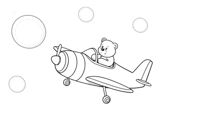 Dibujo lineal de un oso de peluche conduciendo un avión, con burbujas o nubes en el fondo, listo para colorear.