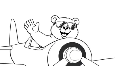 Dibujo a blanco y negro de un oso sonriente con gafas de sol saludando desde la cabina de un avión, listo para colorear.