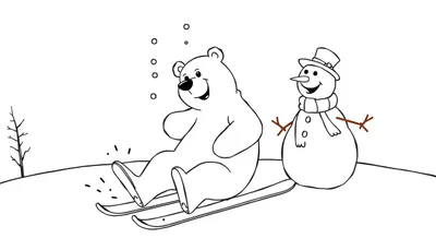 Ilustración para colorear de un oso polar esquiando, con un muñeco de nieve observando, en un paisaje nevado con un árbol.