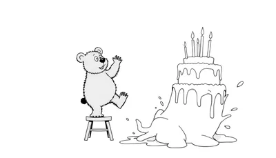 Página para colorear de un oso polar de dibujos animados saludando junto a un pastel de cumpleaños derretido.