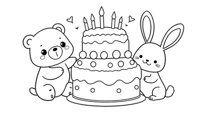 Página para colorear de un oso y un conejo sonrientes junto a un pastel de cumpleaños.