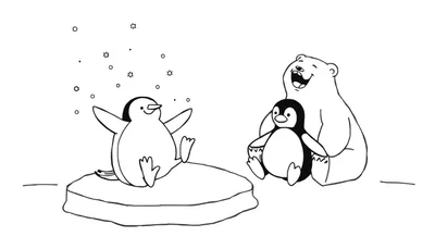 Dibujo para colorear de un oso polar riendo sentado con un pingüino en su regazo, y otro pingüino sentado a su lado en hielo.