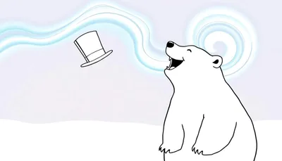 Dibujo para colorear de un oso polar sonriendo y soplando vapor azul y blanco con un sombrero de copa negro a un lado.