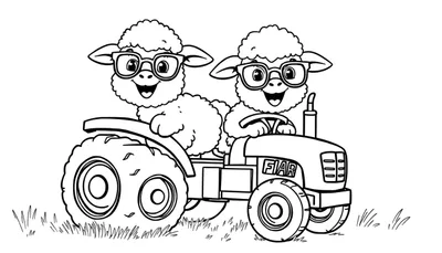 Ilustración para colorear de dos ovejas alegres con gafas conduciendo un tractor Fiat en un campo de hierba.