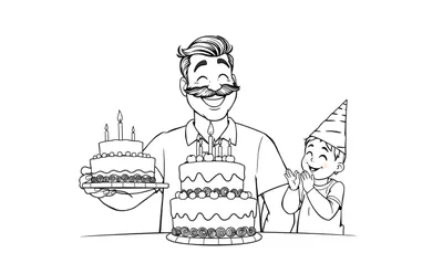 Página para colorear: Padre sonriente con bigote sostiene dos pasteles de cumpleaños mientras su hijo con gorro de fiesta aplaude felizmente.