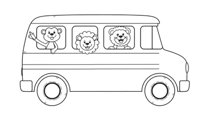 Dibujo lineal en blanco y negro de un autobús escolar con un mono saludando y dos leones sonrientes asomándose por las ventanas.