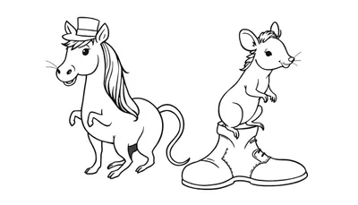 Dibujo a blanco y negro de un caballo elegante con sombrero y un ratón pequeño sonriendo sobre una bota de montaña, listo para colorear.