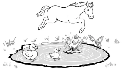 Dibujo para colorear de un caballo saltando sobre un charco de agua, con dos patitos nadando y una mariposa grande con aspecto de pájaro observando.