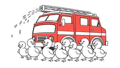 Imagen para colorear de un camión de bomberos rojo rociando agua y patitos blancos cantando detrás.