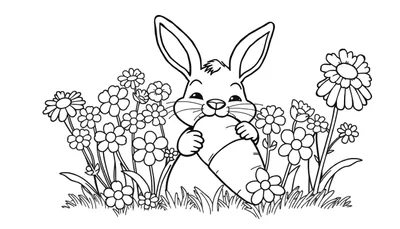 Dibujo lineal a blanco y negro de un conejo comiendo una zanahoria, con flores y hierba alrededor, listo para colorear.