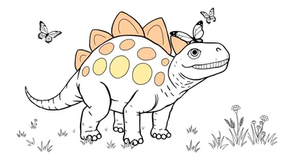Dibujo para colorear de un dinosaurio Stegosaurus amigable con lunares naranjas y amarillos, con dos mariposas revoloteando cerca y plantas en la base.