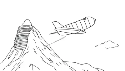 Dibujo lineal en blanco y negro de una montaña con una pila gigante de panqueques en la cima, y un cohete espacial caricaturesco volando en el cielo con un rayo hacia la montaña. Hay una pequeña nube en la esquina inferior derecha.