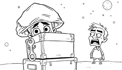 Ilustración para colorear de dos niños asustados en un entorno nocturno o espacial, con maletas, un sombrero y elementos celestes.