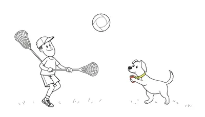 Imagen en blanco y negro de un niño jugando al lacrosse con su perro en un prado.