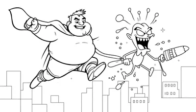 Ilustración en blanco y negro para colorear de un superhéroe persiguiendo a un personaje travieso en una ciudad.